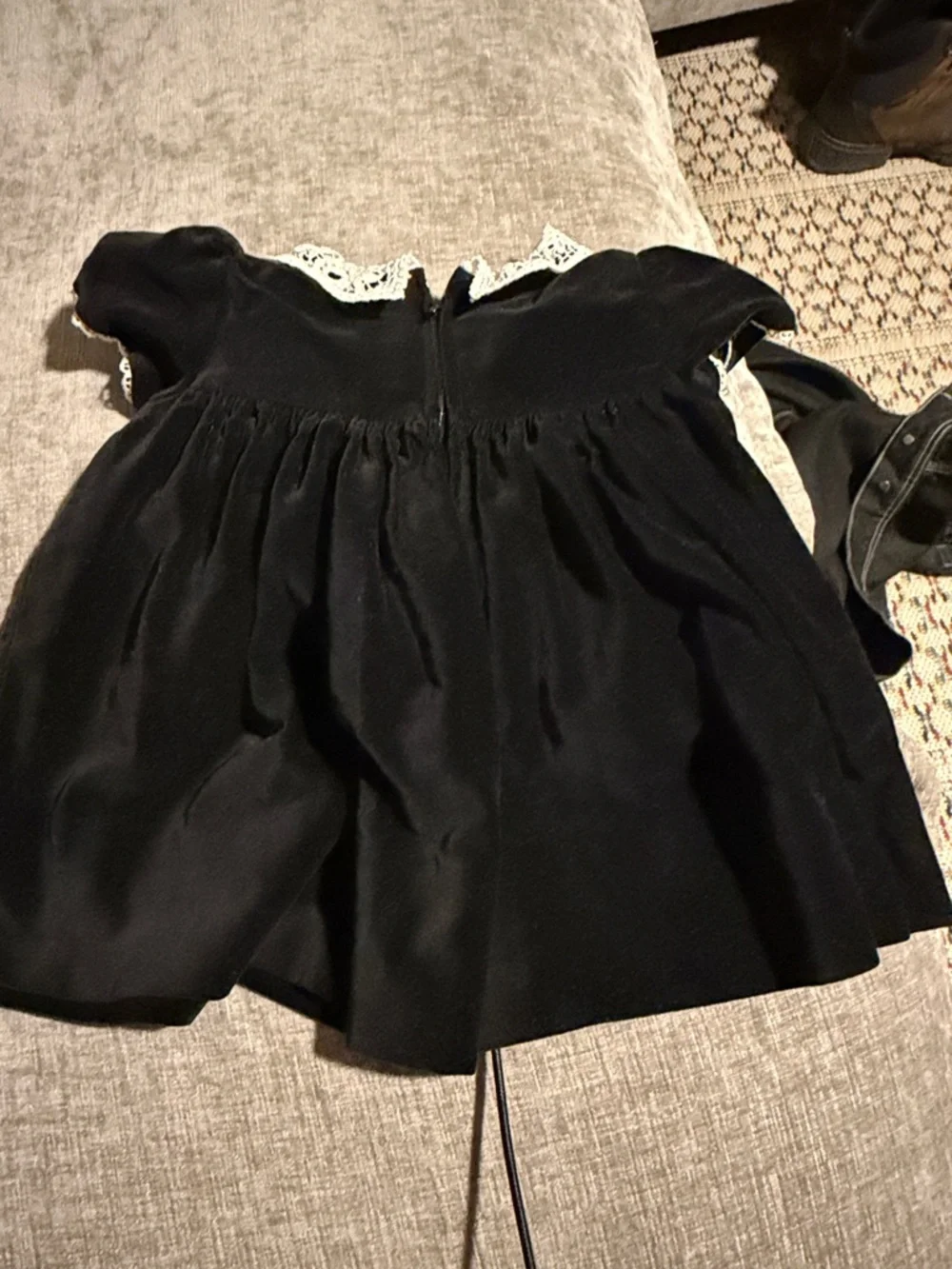 Vintage Black‎ Velvet Baby Dress with Crochet Collar and Pink Embroidery